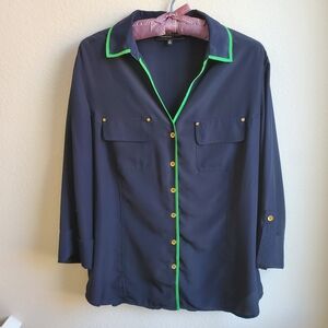 Jones New York Navy Blouse with Green Piping and Gold Buttons
